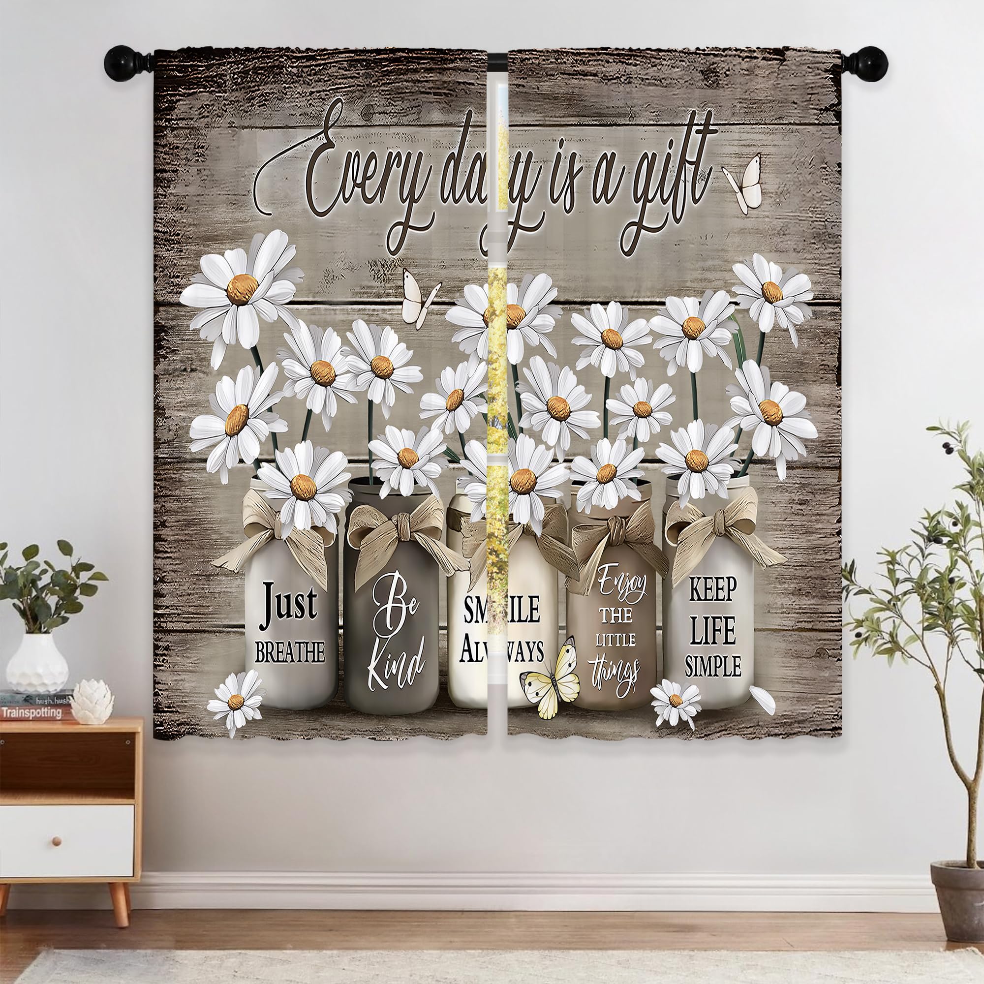 Zasłona w stylu retro w kwiaty, 107x114 cm, wzór stokrotek i drzwi do stodoły, klips do karnisza, do sypialni i salonu.