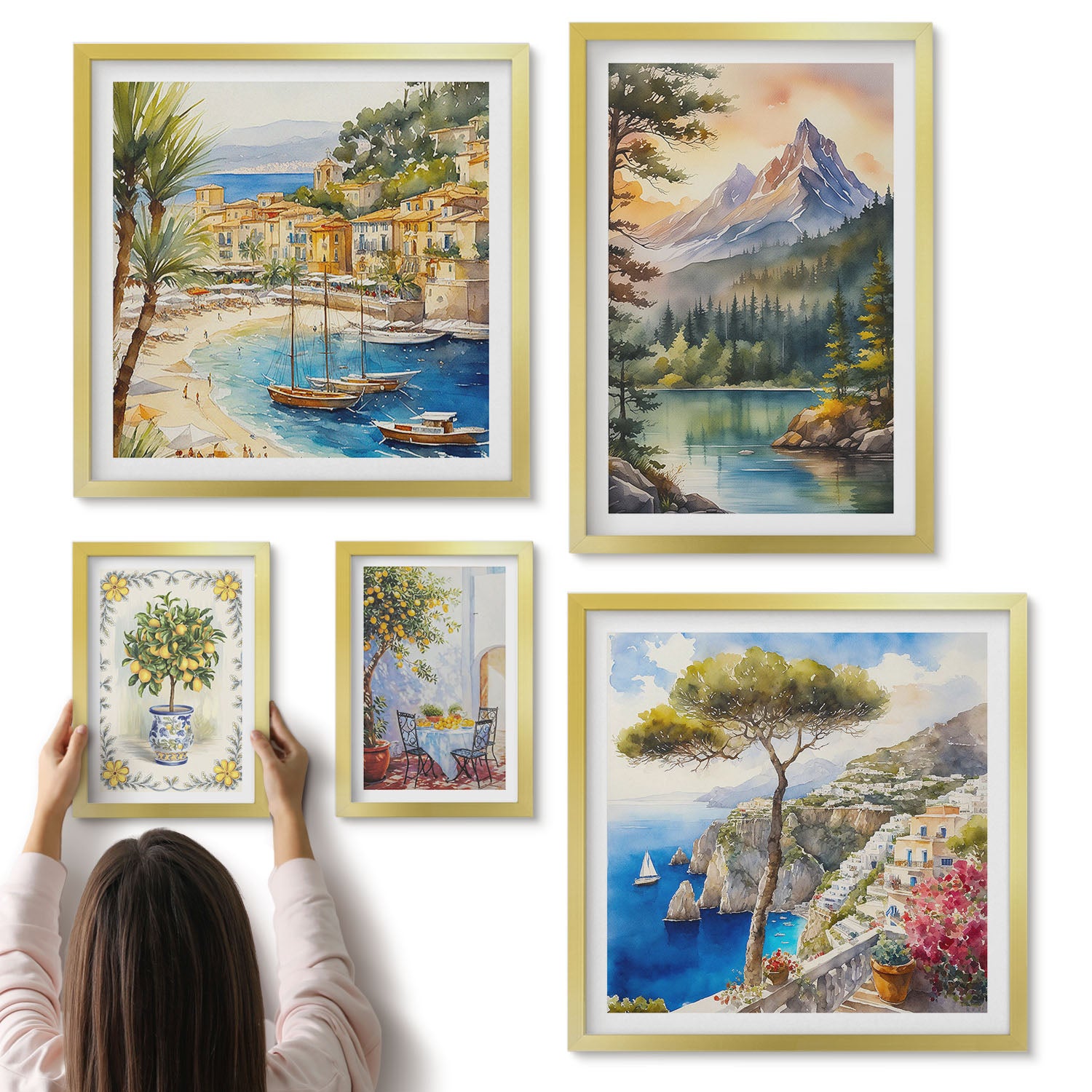 Galeria ścienna 5-częściowy komplet obrazów w złotych ramach - Krajobrazy górskie i nadmorskie z urokliwymi widokami - ArtPrintCave
