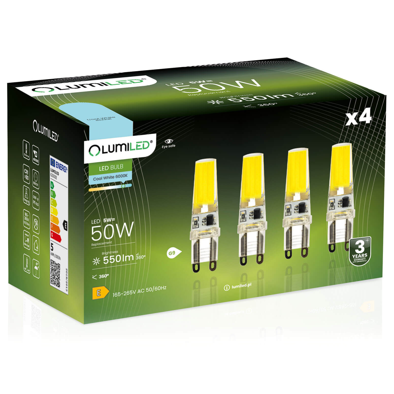 4x Żarówka Lumiled LED G9 Kapsułka 5W = 60W 550lm 6500K Zimna 360st Filament