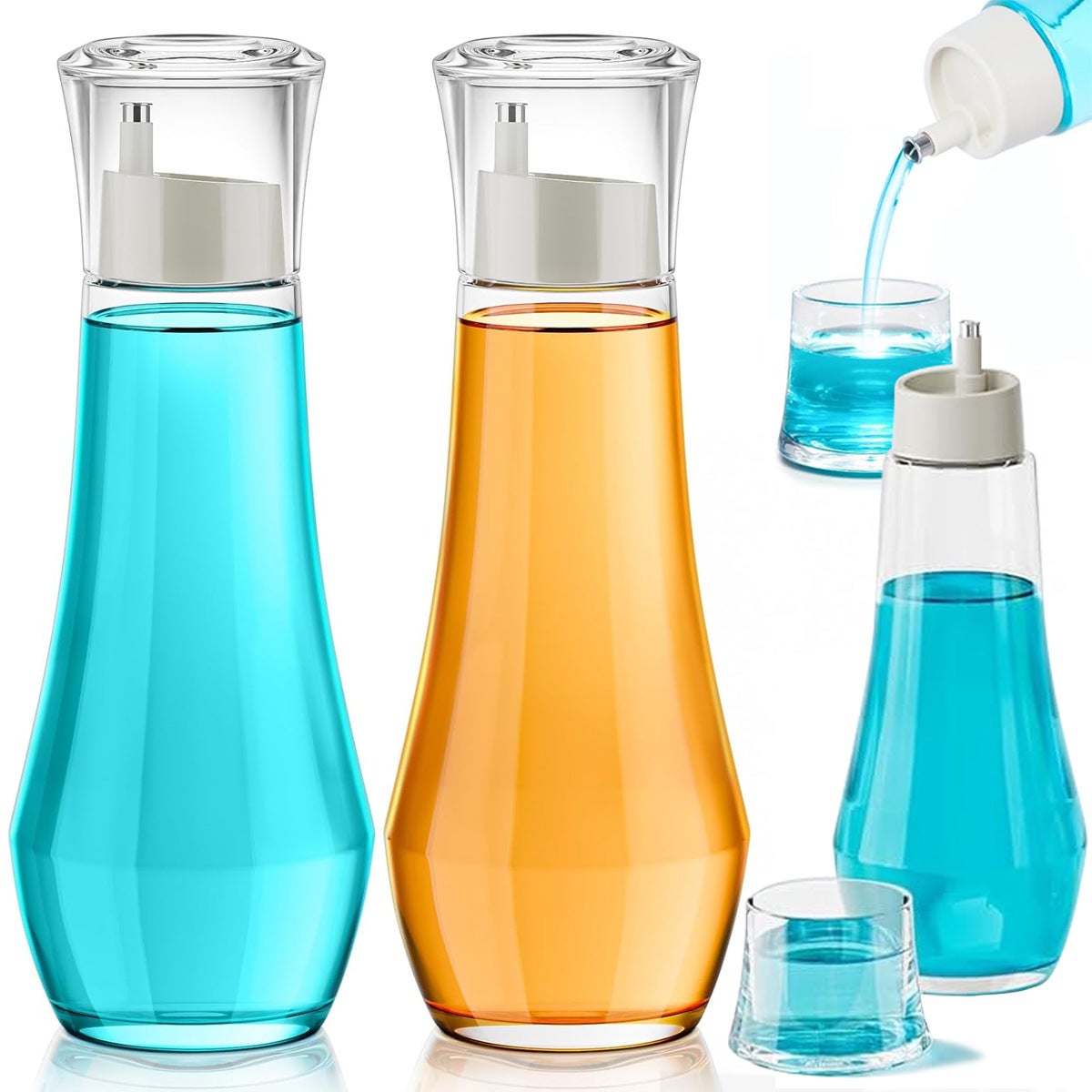Szklany dozownik do płynu do płukania ustDo łazienki, 260 ml, przezroczysty, z możliwością ponownego napełnienia, z pokrywką i kubkiem (zestaw 2 szt.