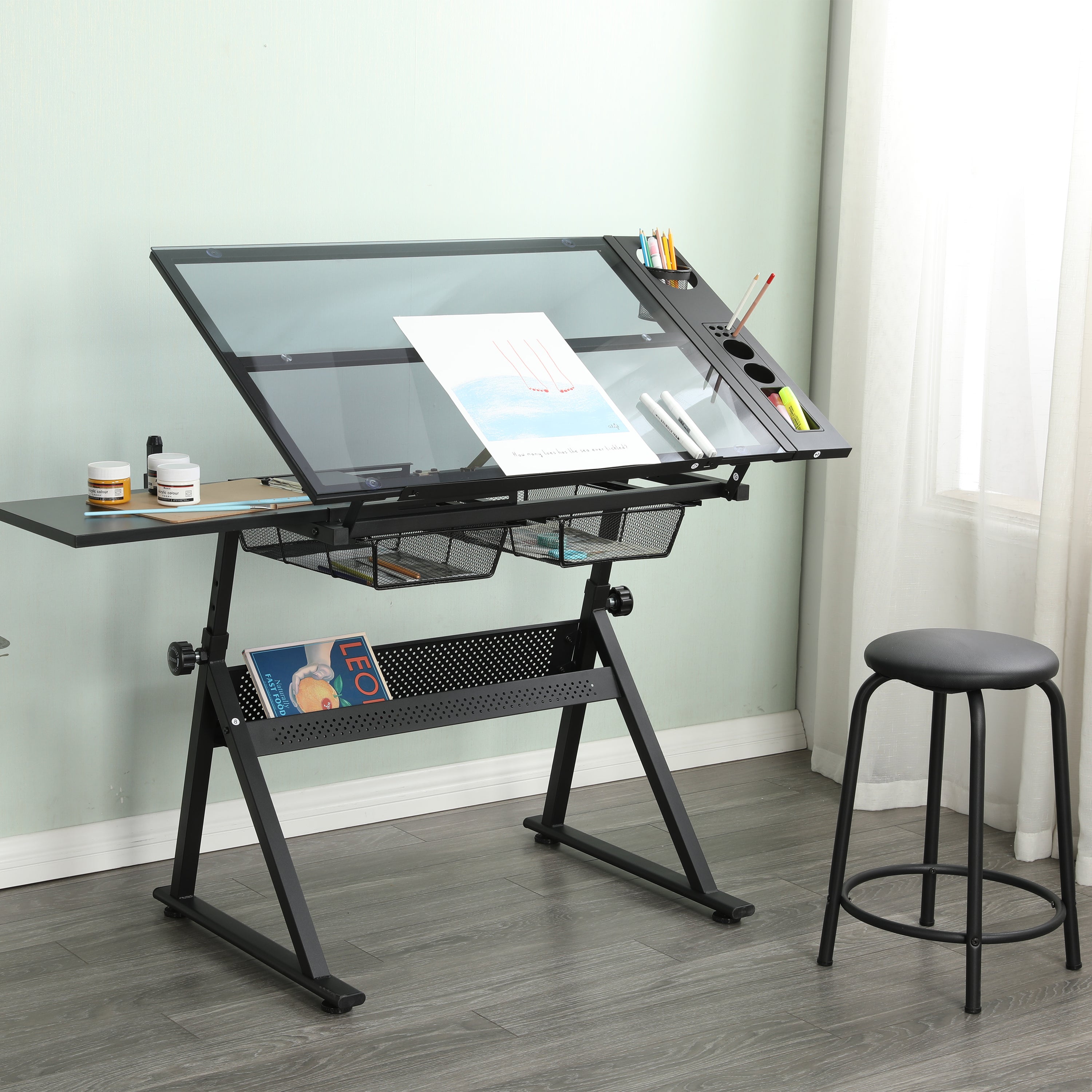 Taboret 101 x 72 x 17 cm, z oświetleniem LED, z miejscem do przechowywania, czarny, szkło, MDF oraz metal