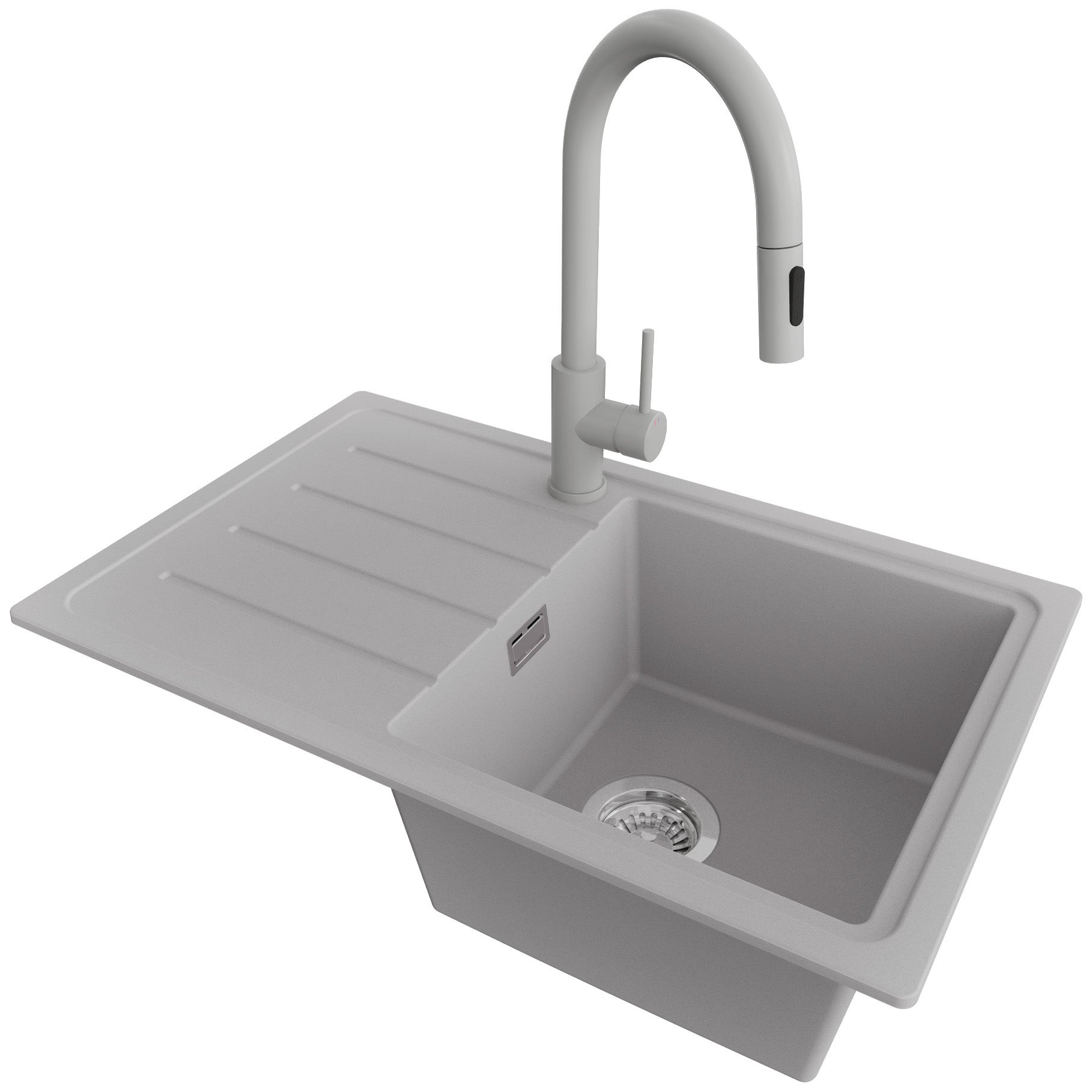 Zlewozmywak Granitowy Szary 70x44cm, Zlew Kuchenny 1 Komorowy + Bateria 40x20cm + Syfon, Nablatowy do szafki od 45cm - Kopenhaga Easy PRIMAGRAN