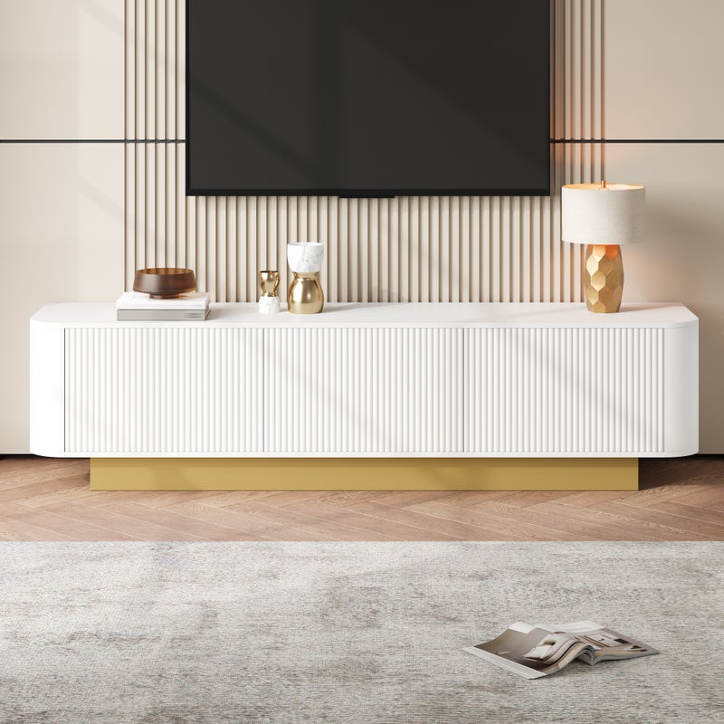 Nowoczesna szafka pod telewizor z 3 drzwiami - 170 x 40,5 x 47 cm - Zaokrąglone narożniki - Płyta wiórowa + MDF - Biała
