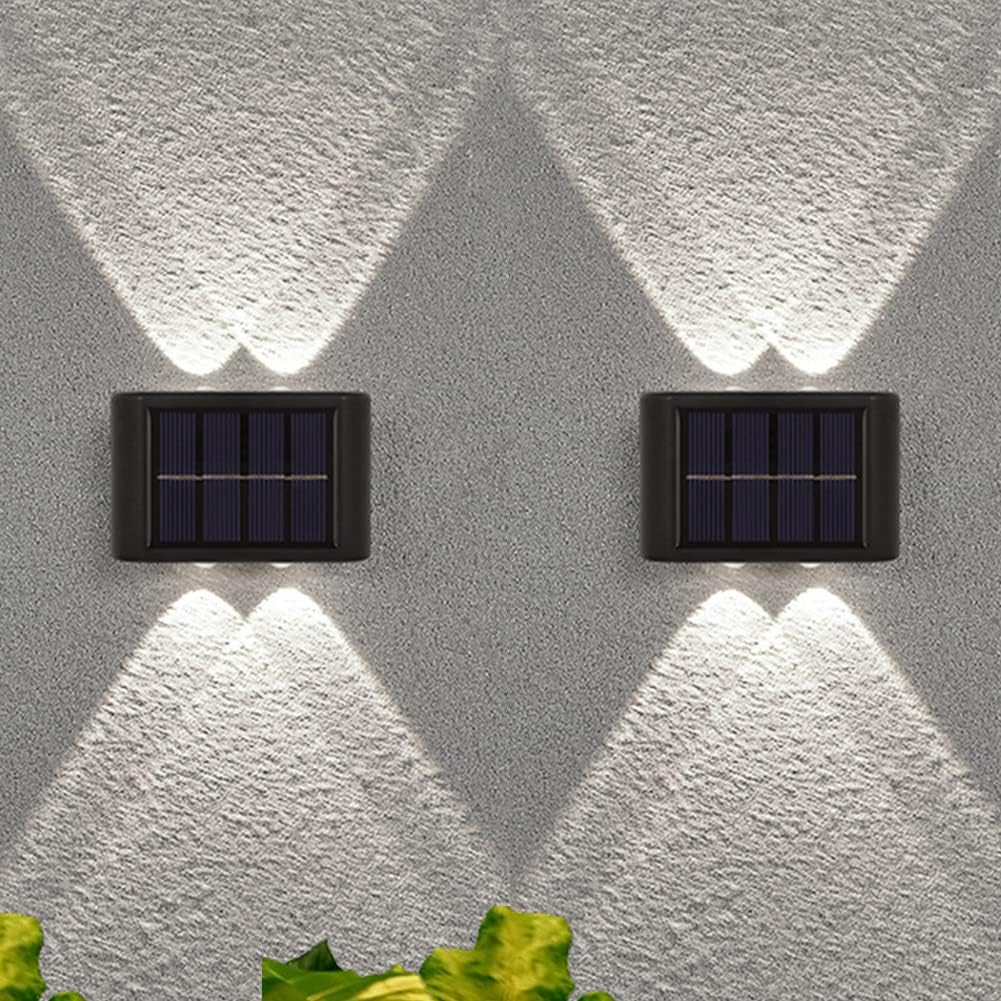 2 sztuki lamp solarnych na ścianę zewnętrzną - 4 LED, oświetlenie schodów, oświetlenie ogrodowe, reflektor góra/dół, białe światło, wodoodporne