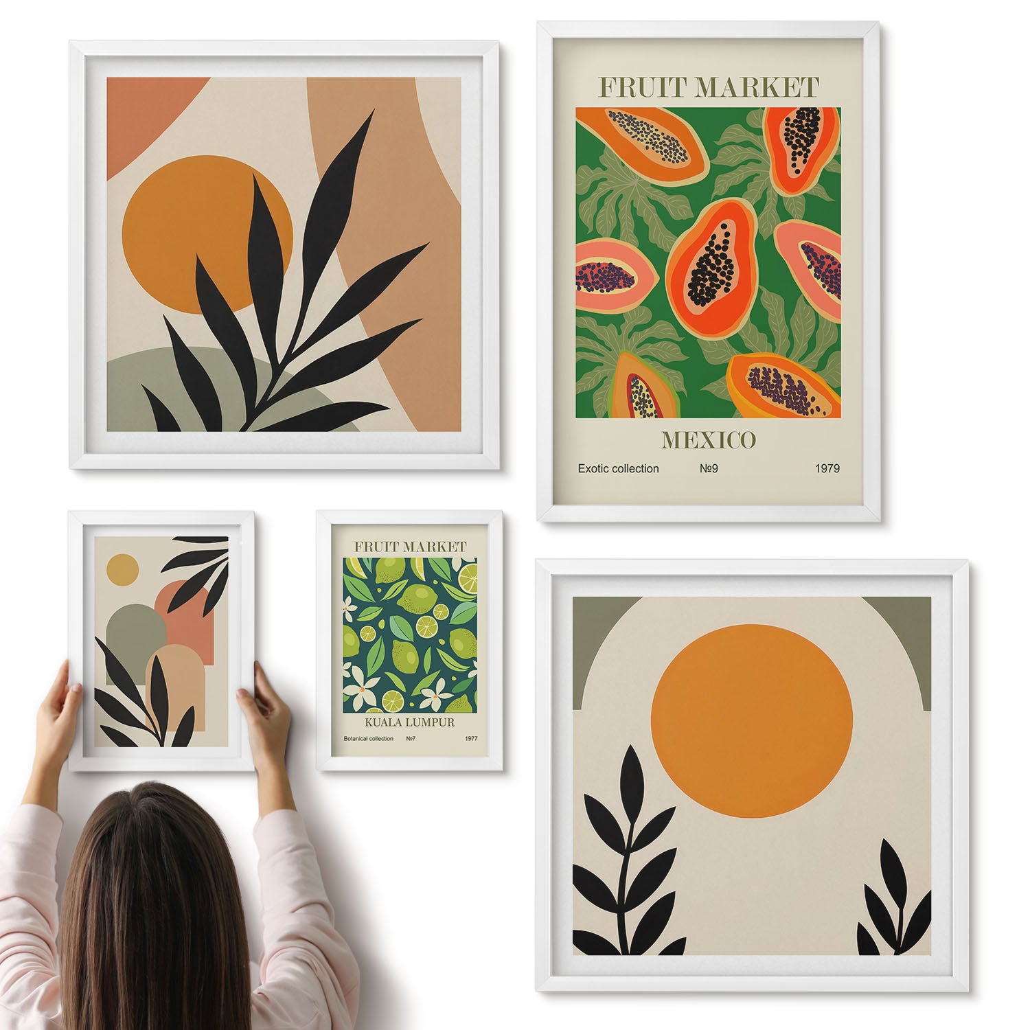 Galeria ścienna 5-częściowy komplet obrazów w białych ramach - Tropikalne owoce w stylu retro z egzotycznymi motywami - ArtPrintCave