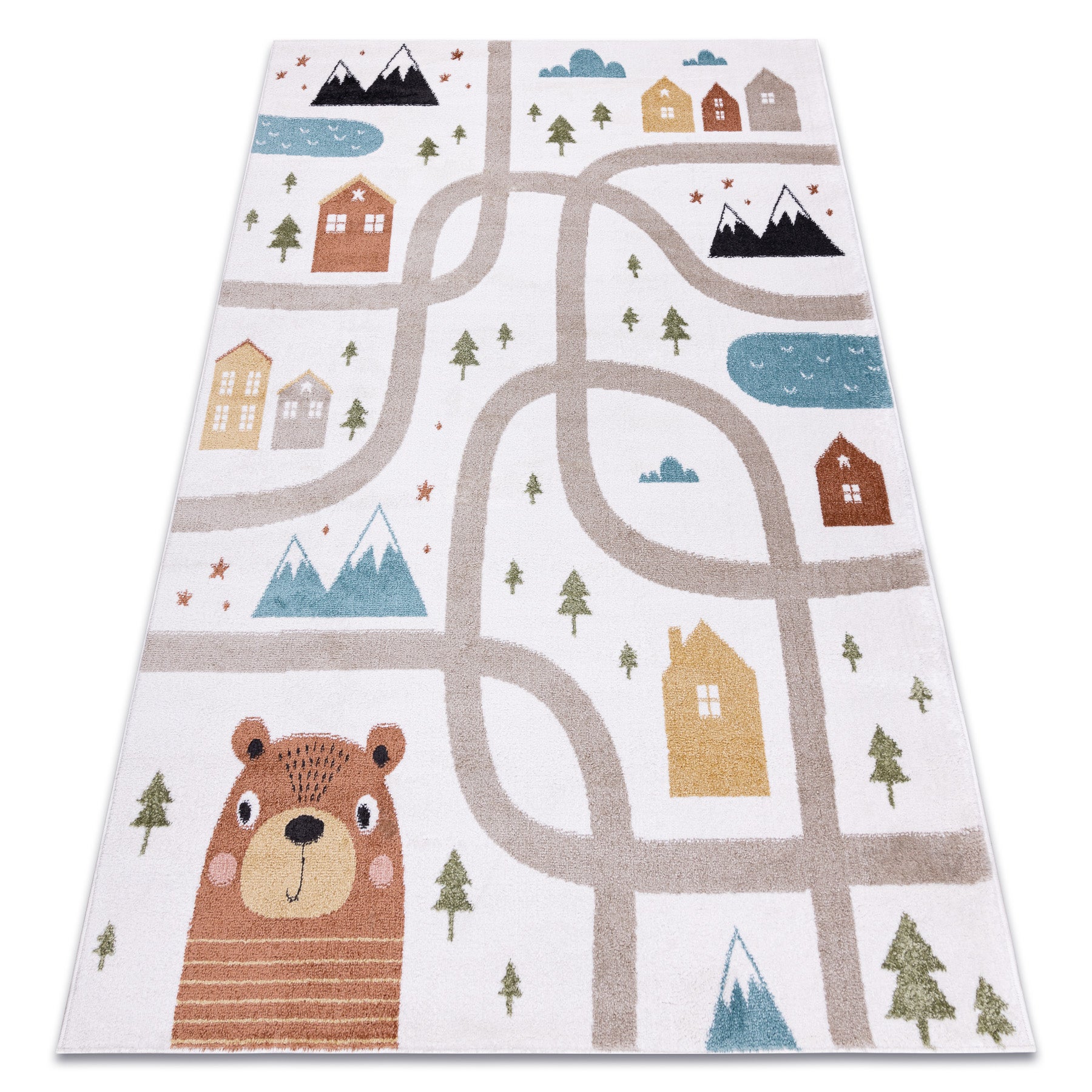 Dywan FUN Polar dla dzieci, uliczki, las, krem 120x170 cm