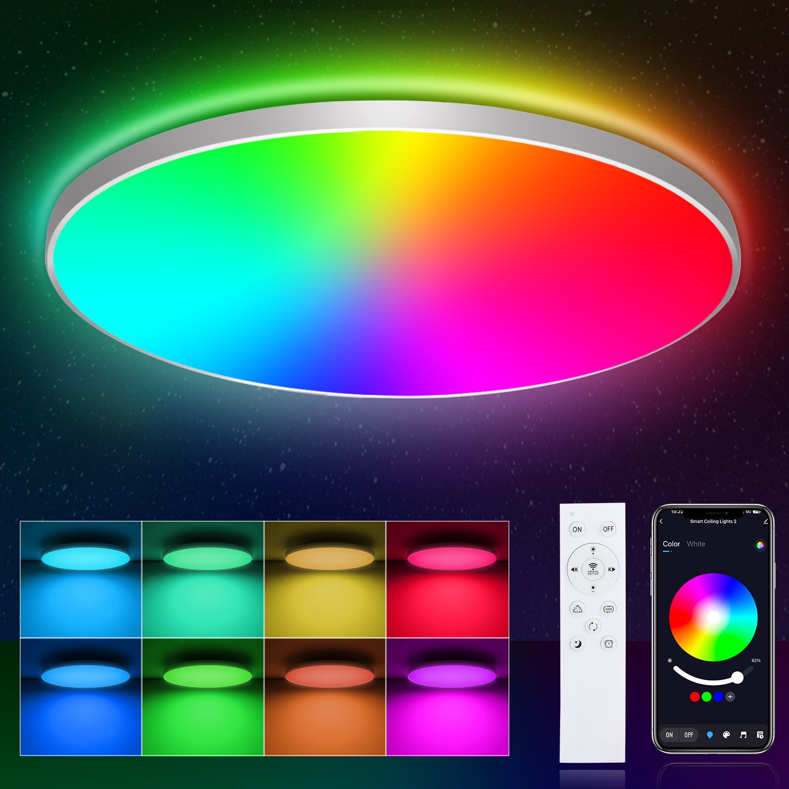 Lampa sufitowa LED 24W, 16 milionów kolorów RGB, regulowana, kontrola aplikacji, pilot, do sypialni, salonu, kuchni, Ø30CM