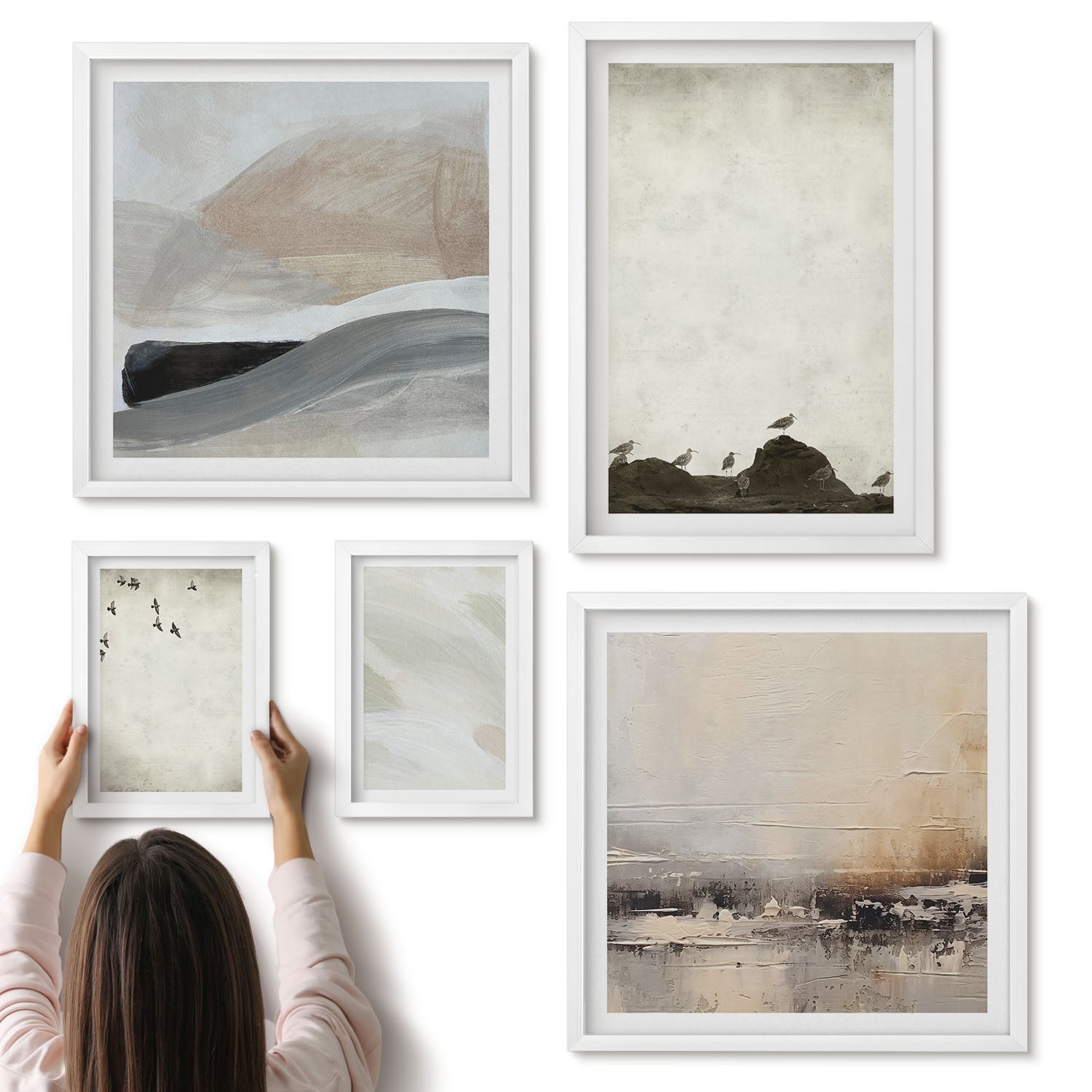 Galeria ścienna 5-częściowy komplet obrazów w białych ramach - Ptaki skały i ślady pędzla minimalistyczne dekoracje - ArtPrintCave