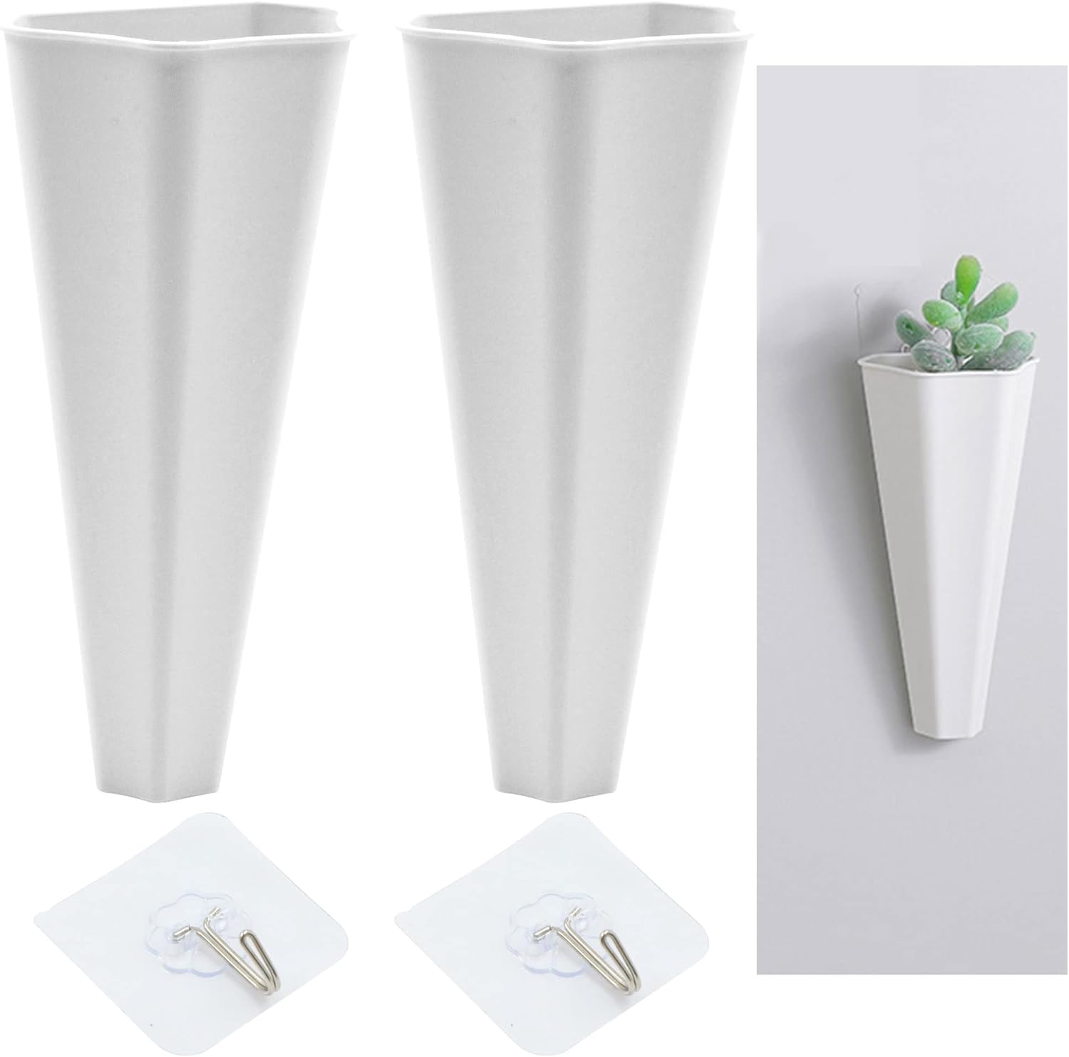 Zestaw 2 białych wiszących doniczek, wazonów na kwiaty, miniaturowych geometrycznych doniczek na sukulenty, sztucznych kwiatów do dekoracji ściennej