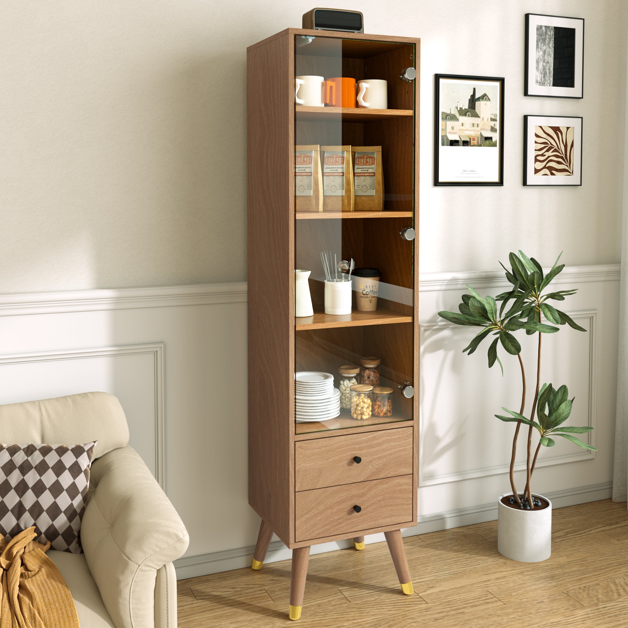 Wysoka witryna z 1 drzwiami szklanymi i 2 szufladami, regulowane półki - MDF - 39,8 × 35 × 160 cm - Naturalna