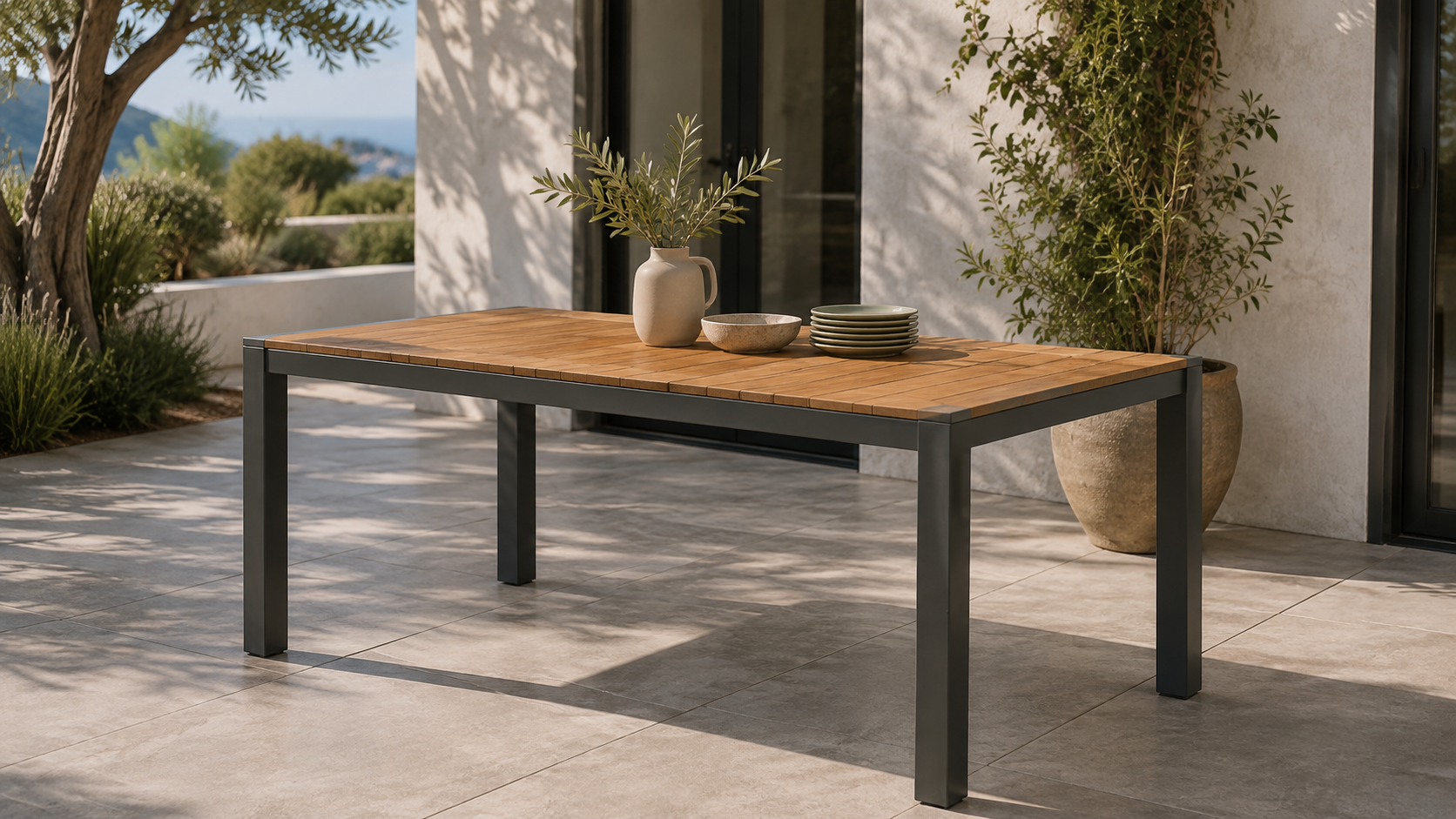 Stół aluminiowy 180x90 w kolorze antracytowym z blatem tekowym do użytku wewnątrz i na zewnątrz