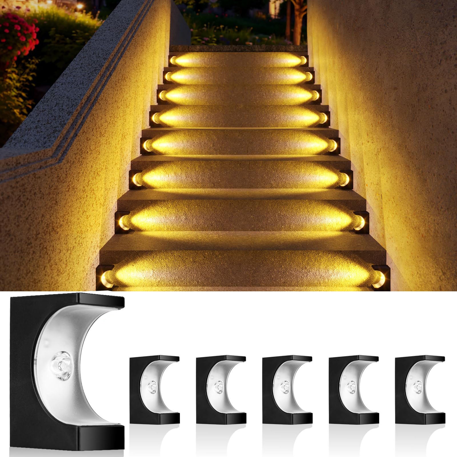 6 sztuk lamp schodowych, słoneczne lampy tarasowe, wodoodporne słoneczne lampy schodowe IP65 do dekoracji zewnętrznych, patio, ścieżki, ciepła biel
