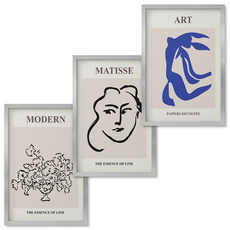 Zestaw obrazów w ramie - 3 części | Abstrakcyjne postery w minimalistycznym stylu Henri Matisse | Srebrna ramka