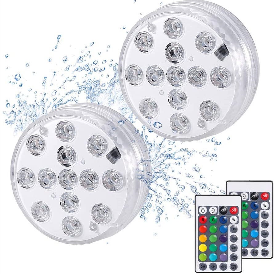 Zestaw 2 dekoracyjnych, zanurzalnych lamp LED RGB z 13 diodami LED, z pilotem RF, wodoodpornych i idealnych do spa, akwarium, stawu, basenu i ogrodu.