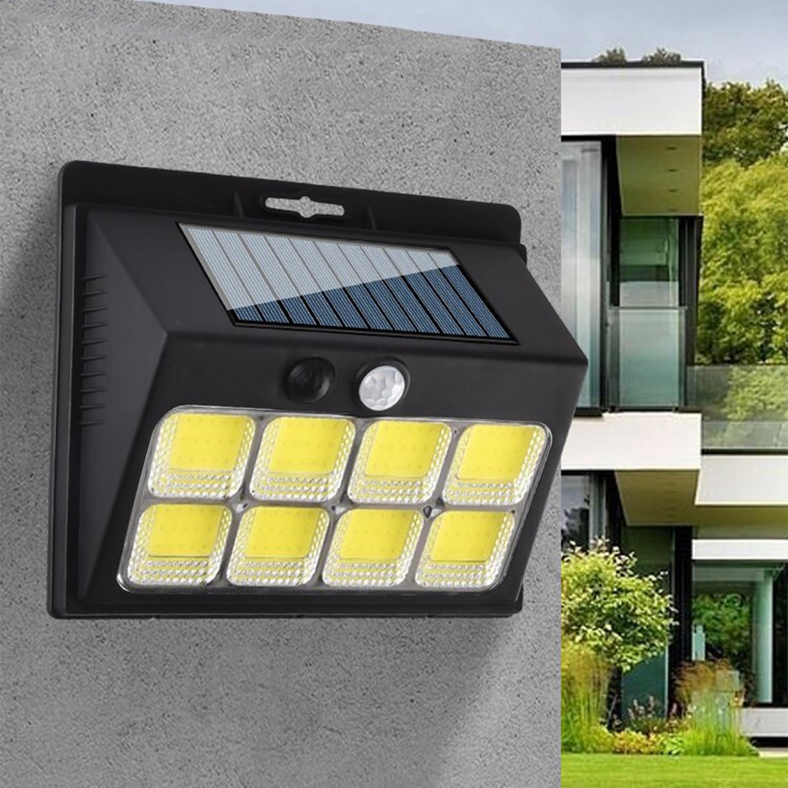 Lampy solarne zewnętrzne z czujnikiem ruchu, 120 COB, 3 tryby oświetlenia ściennego, do ogrodzenia, ogrodu, drzwi wejściowych