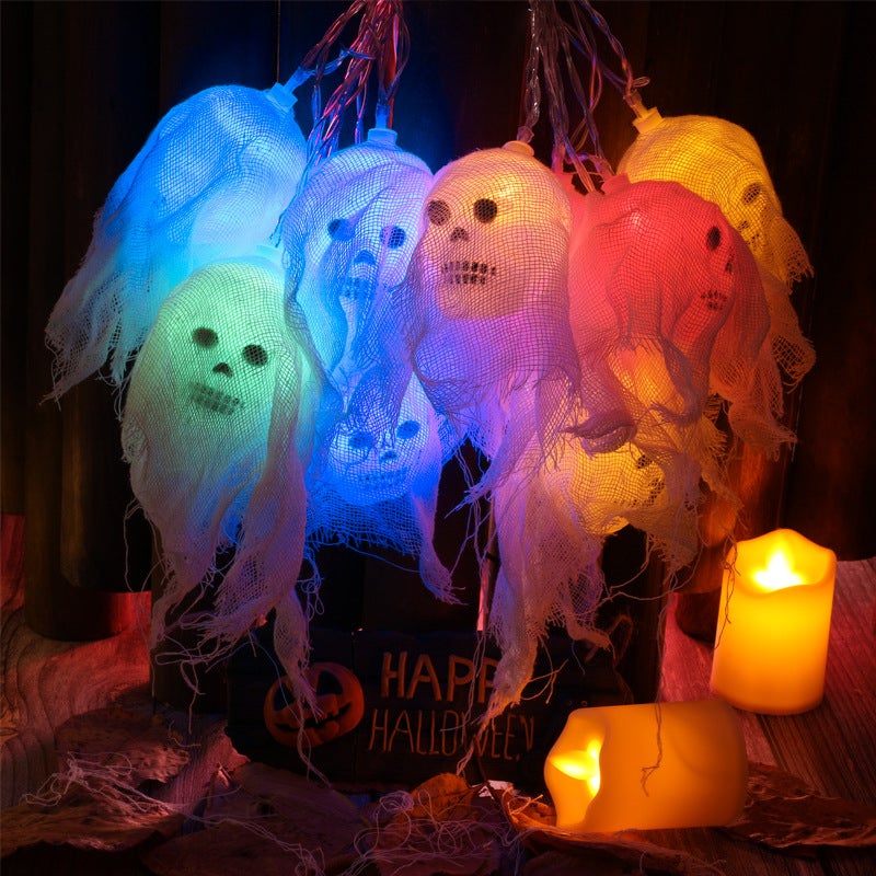 Lampki choinkowe na Halloween, 2,5 m, 10 diod LED, zasilane bateriami, wzór czaszki, wielokolorowe, na taras, do kawiarni, ogrodu, baru lub patio.