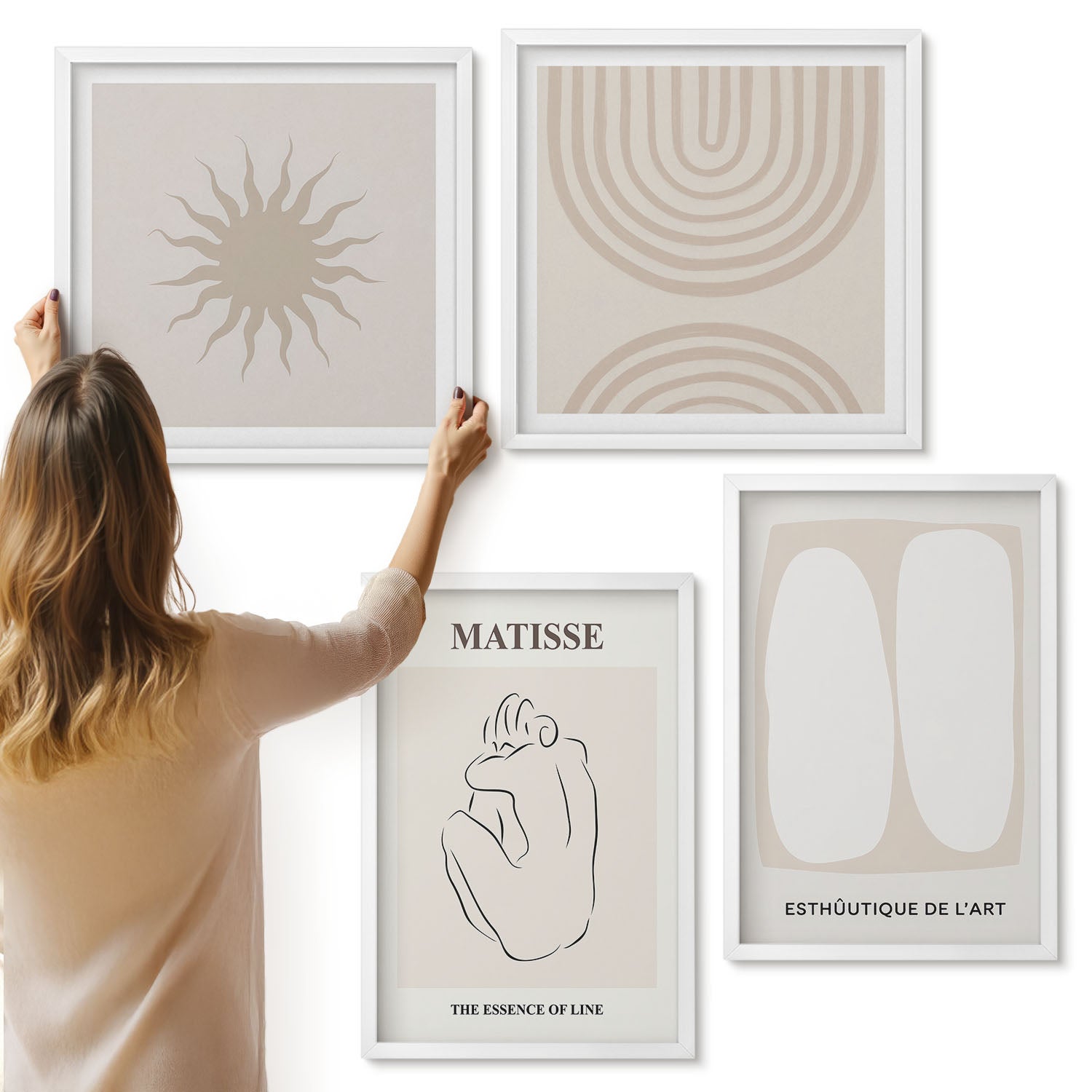 Galeria ścienna 4-częściowy komplet obrazów w białych ramach - Stylowe linie i minimalistyczne kształty w neutralnych tonach - ArtPrintCave