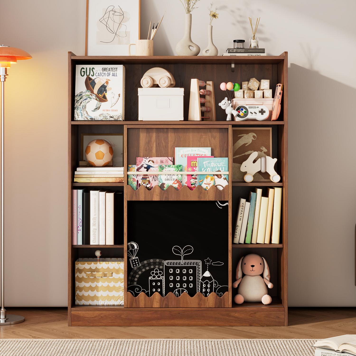Regał biblioteczny 9-komorowy z tablicą, otwarte przesuwane drzwi, przechowywanie w drewnie orzechowym 120x38,5x151,5 cm