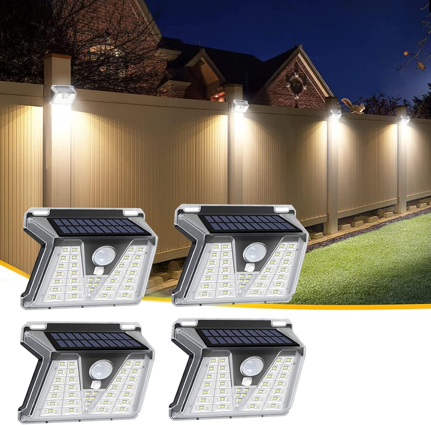 Zewnętrzna Lampa Solarna, Zestaw 4 Solarnych Lamp Zewnętrznych 33LED z Czujnikiem Ruchu, Wodoodporne Oświetlenie Ścienne IP65, Oświetlenie Zewnętrzne