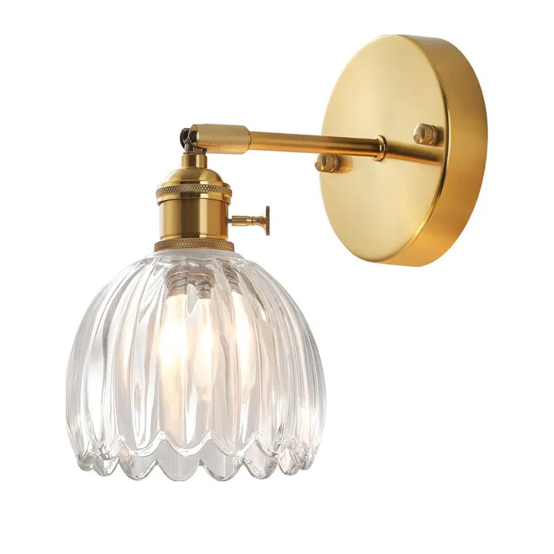 Kinkiet ścienny w stylu vintage z motywem kwiatów, złoty mosiądz, z przełącznikiem, lampa ścienna E27, lampa ścienna do wnętrz, do łazienki i sypialni