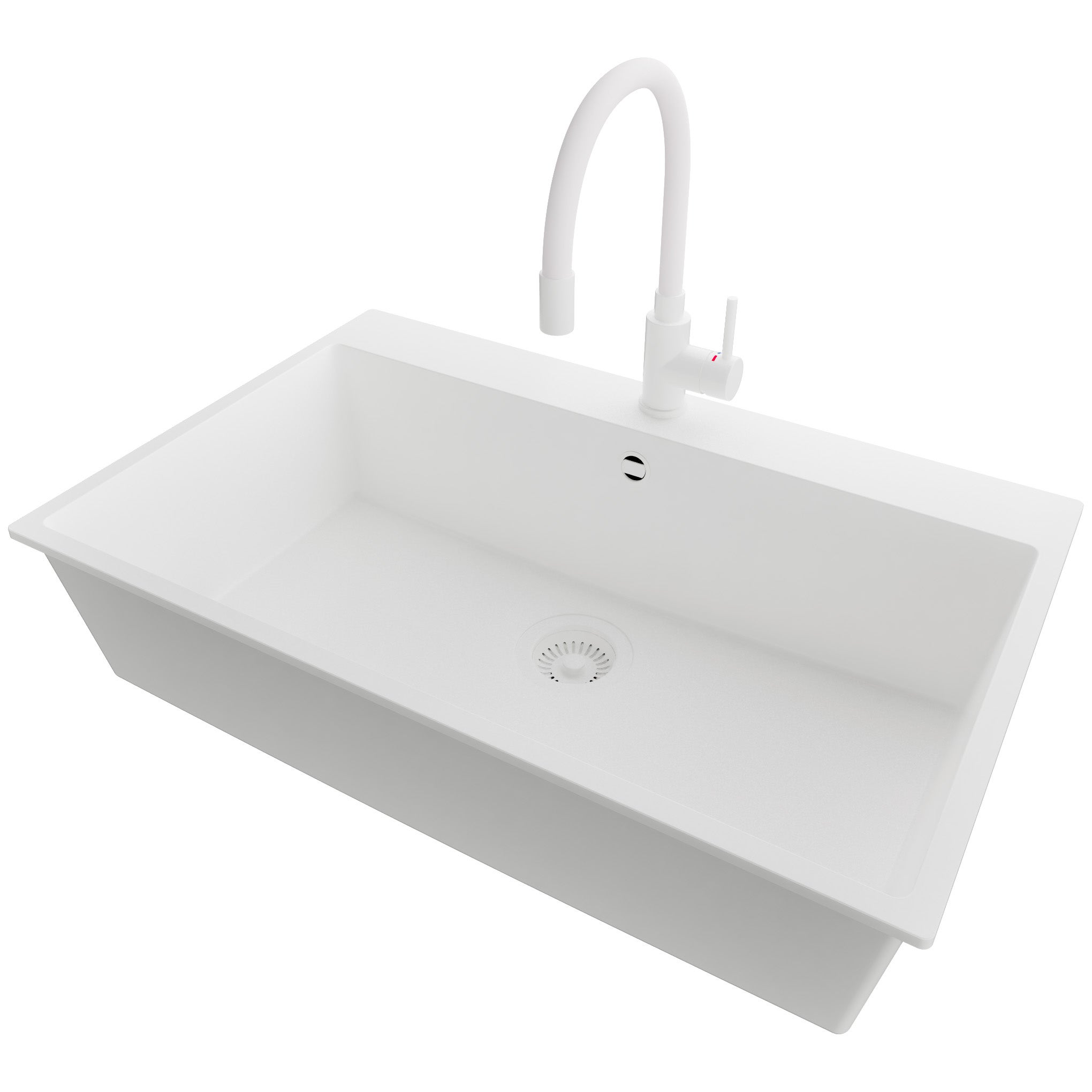 Zlewozmywak Granitowy Cały Biały 78x50cm, Zlew Kuchenny 1 Komorowy + Bateria 38x14cm + Syfon, Nablatowy do szafki od 80cm - Ryga PRIMAGRAN