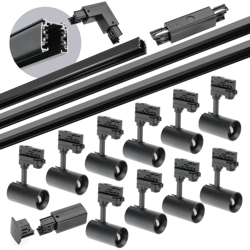 Zestaw szynowy 3-fazowy Kobi 1m+2m+2m, 10x Lampa, łącznik I + L czarny 1kpl.