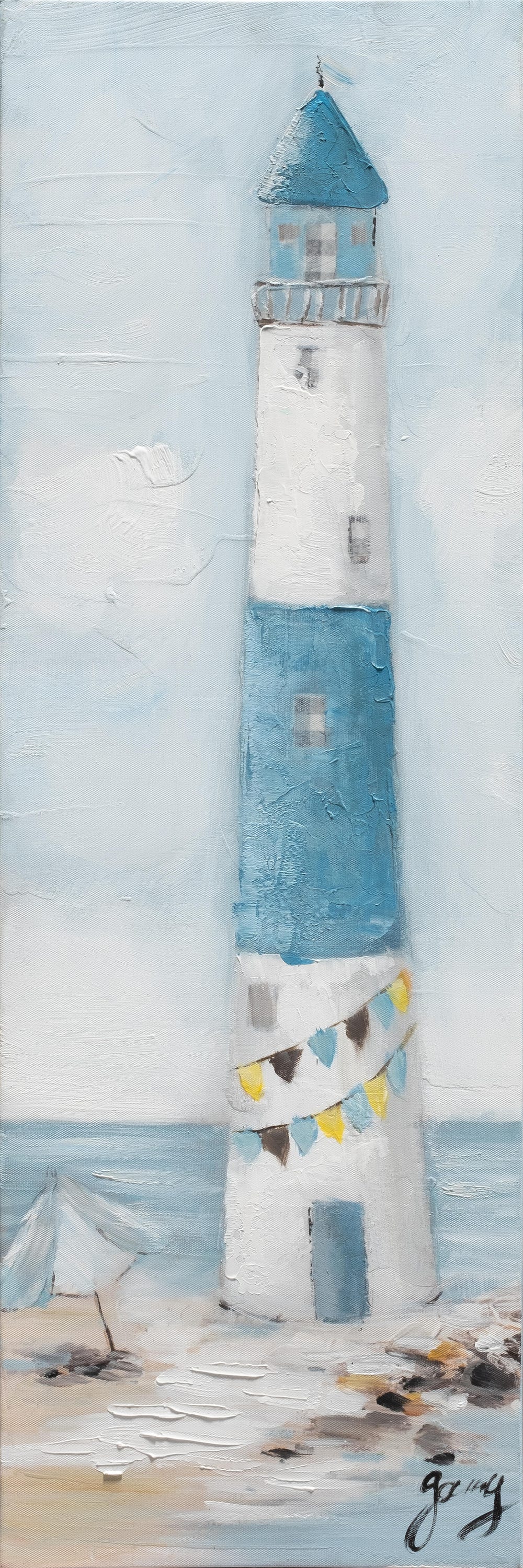 Obraz bez ramy Morze prostokątny 90 x 30 cm. Płótno Latarnia Morska Pionowa niebieski