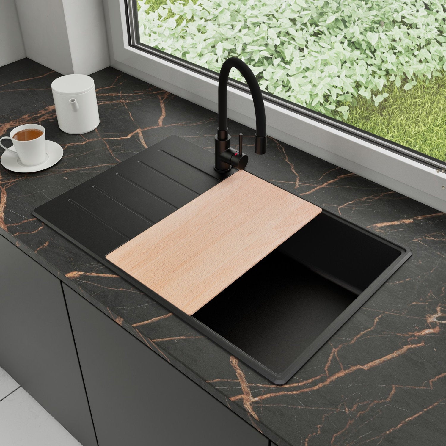 Zlewozmywak Granitowy 78x50cm, do szafki od 60cm + Bateria + Syfon + Deska - Ametyst Cały Czarny STONESTYLE