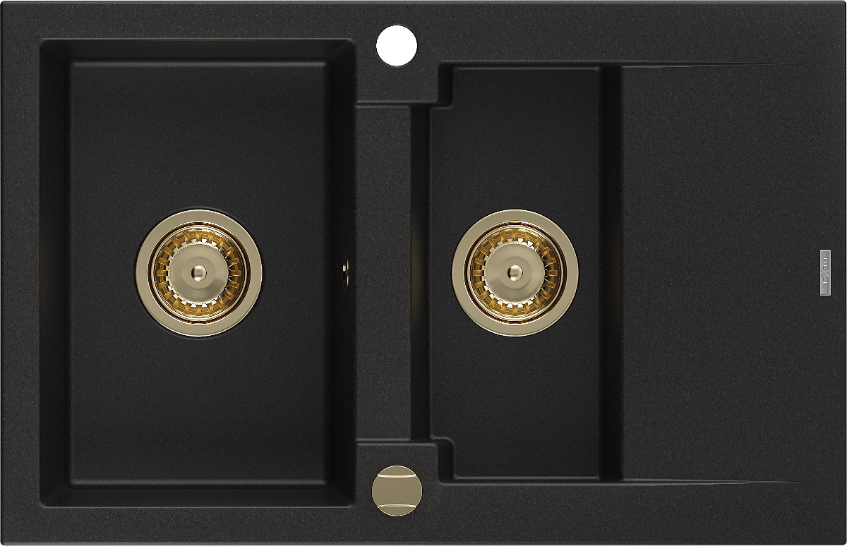 Mexen Gaspar zlewozmywak granitowy 1,5-komorowy z ociekaczem 737 x 475 mm, czarny, syfon złoty - 6507731505-77-G