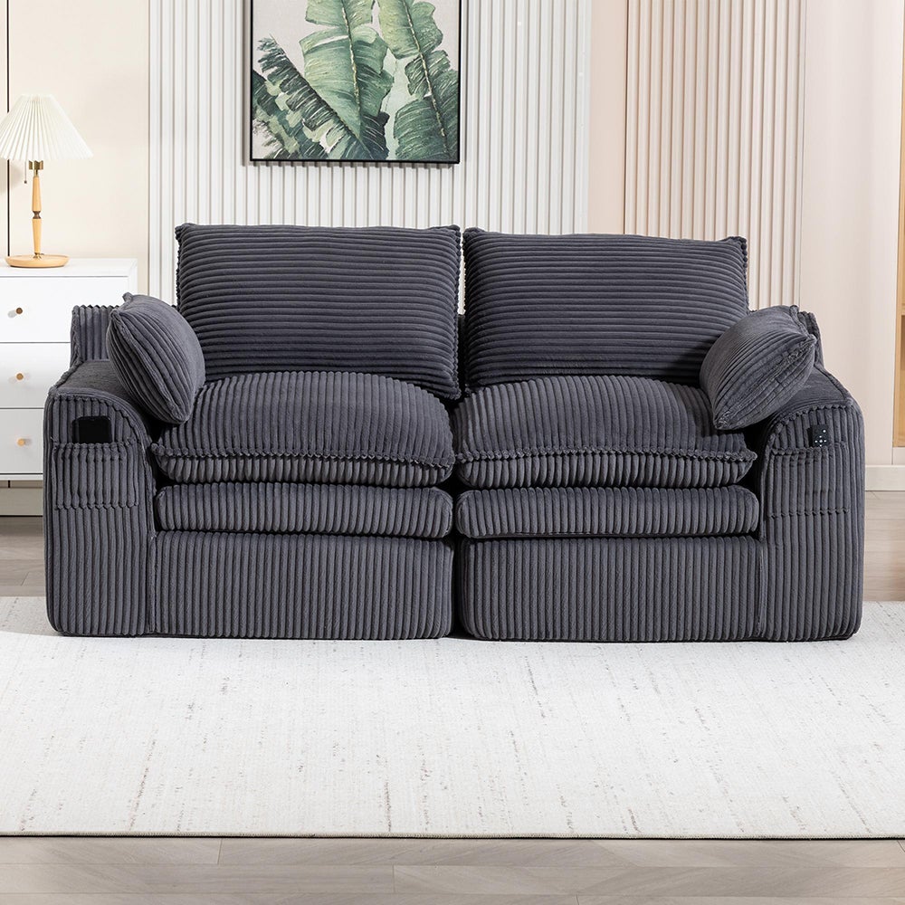 Dwuosobowa sofa z tkaniny w kratę, z poduszkami i dwiema kieszeniami bocznymi, wypełniona pianką i sprężynami, kolor ciemnoszary