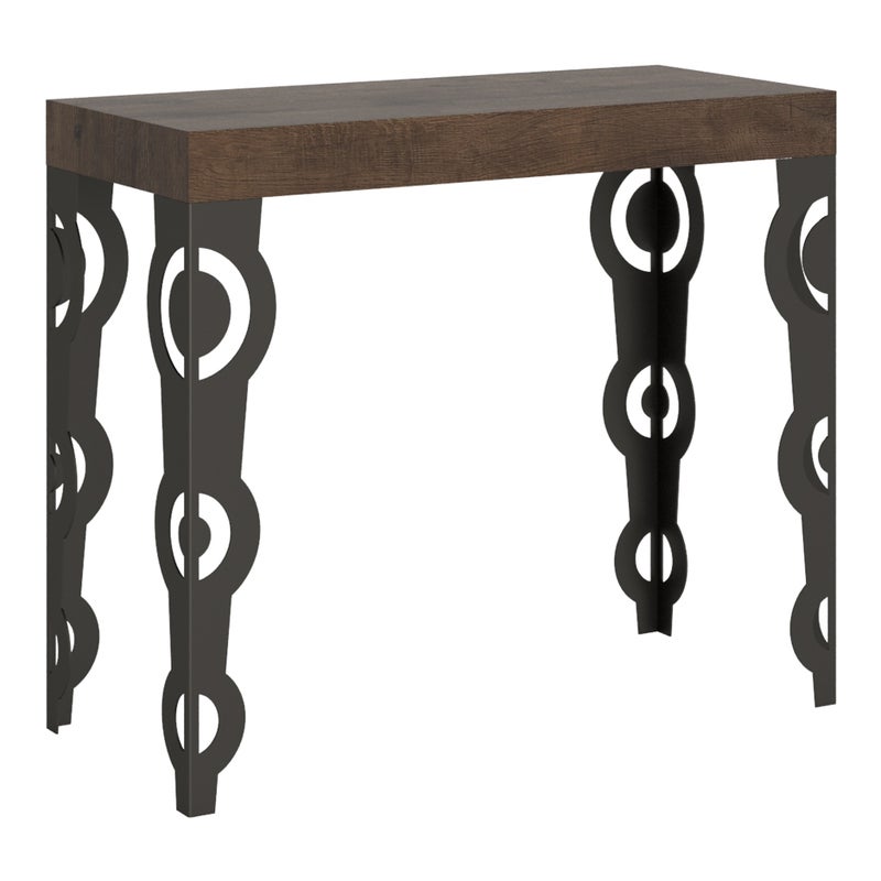 Mesa consola Karamay de nogal, 90x40 cm, extensible hasta 3 metros, con capacidad para 14 personas.