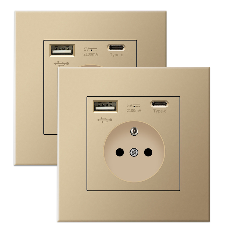 Zestaw 2 gniazdek ściennych z USB i Type-C, 5 V 2,1 A, wpuszczane gniazdko USB, standard UE, listwa zasilająca Francja, 110-250 V (Złoty)