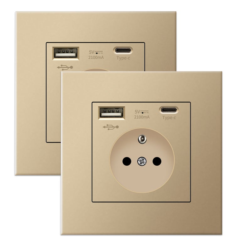 Zestaw 2 gniazdek ściennych z USB i Type-C, 5 V 2,1 A, wpuszczane gniazdko USB, standard UE, listwa zasilająca Francja, 110-250 V (Złoty)