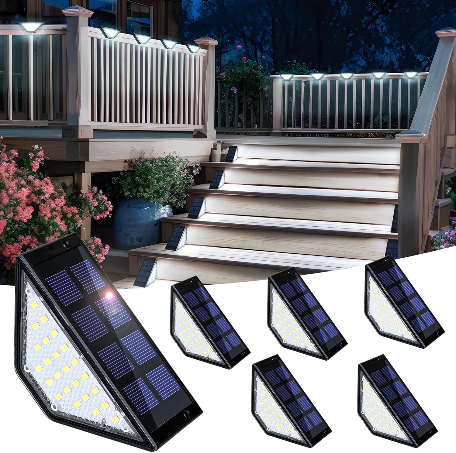 Zestaw 6 wodoodpornych lamp solarnych do oświetlania schodów, stopni, ogrodzeń, podwórka, patio i podjazdu (chłodna biel, czerń)