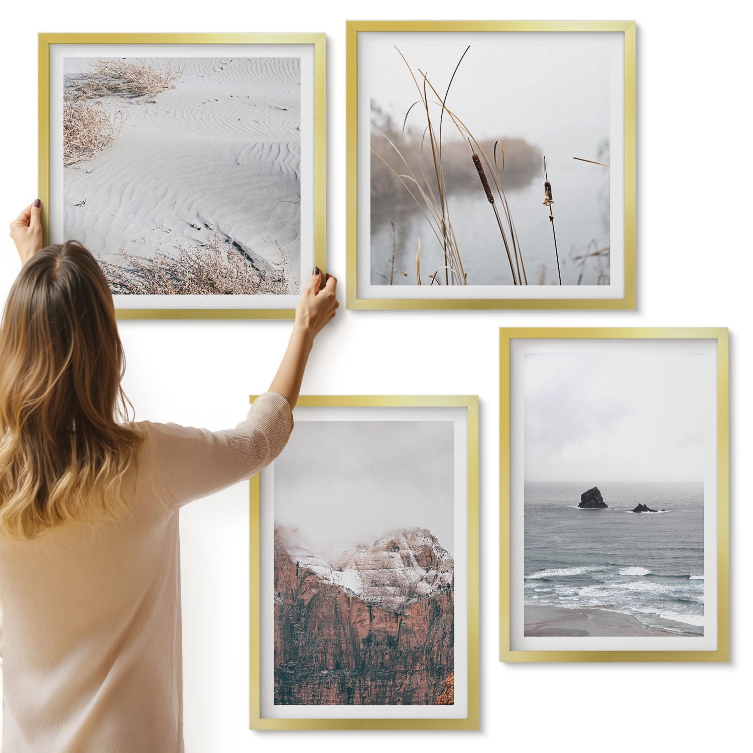 Galeria ścienna 4-częściowy komplet obrazów w złotych ramach - Abstrakcyjne fale w odcieniach szarości i pasteli - ArtPrintCave