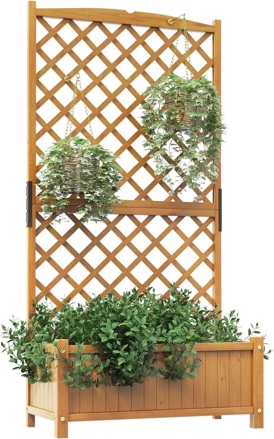 Pergola ze skrzynką na kwiaty z drewna jodłowego, skrzynka na rośliny pnące, podwyższona grządka z kratką dla roślin pnących i otworem drenażowym