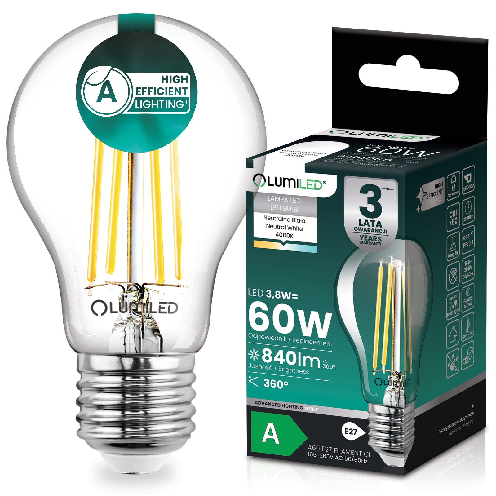 Żarówka LED Lumiled E27 A60 3.8 W 840 lm 4000K Neutralna biel 360st Filament KLASA A