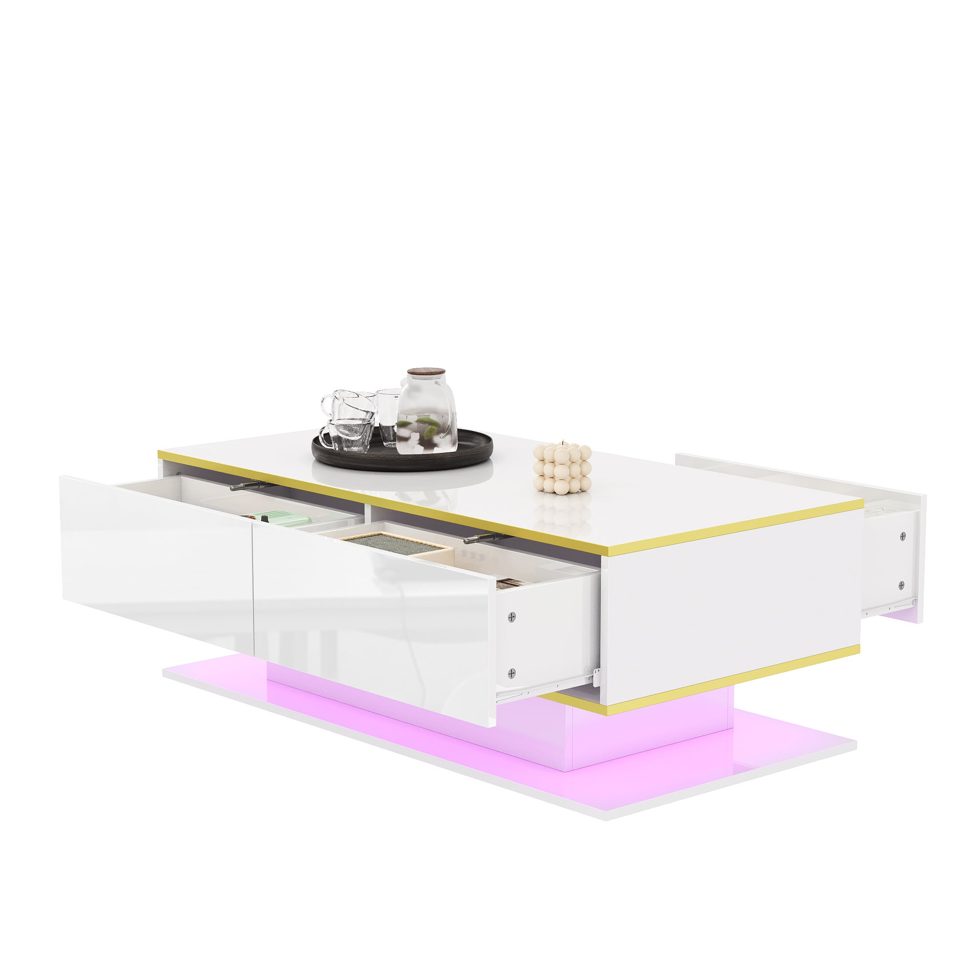 Nowoczesny stolik kawowy LED o wysokim połysku, długość 100 cm, 3 szuflady i listwa oświetleniowa LED USB (wymagany adapter/Power Bank)