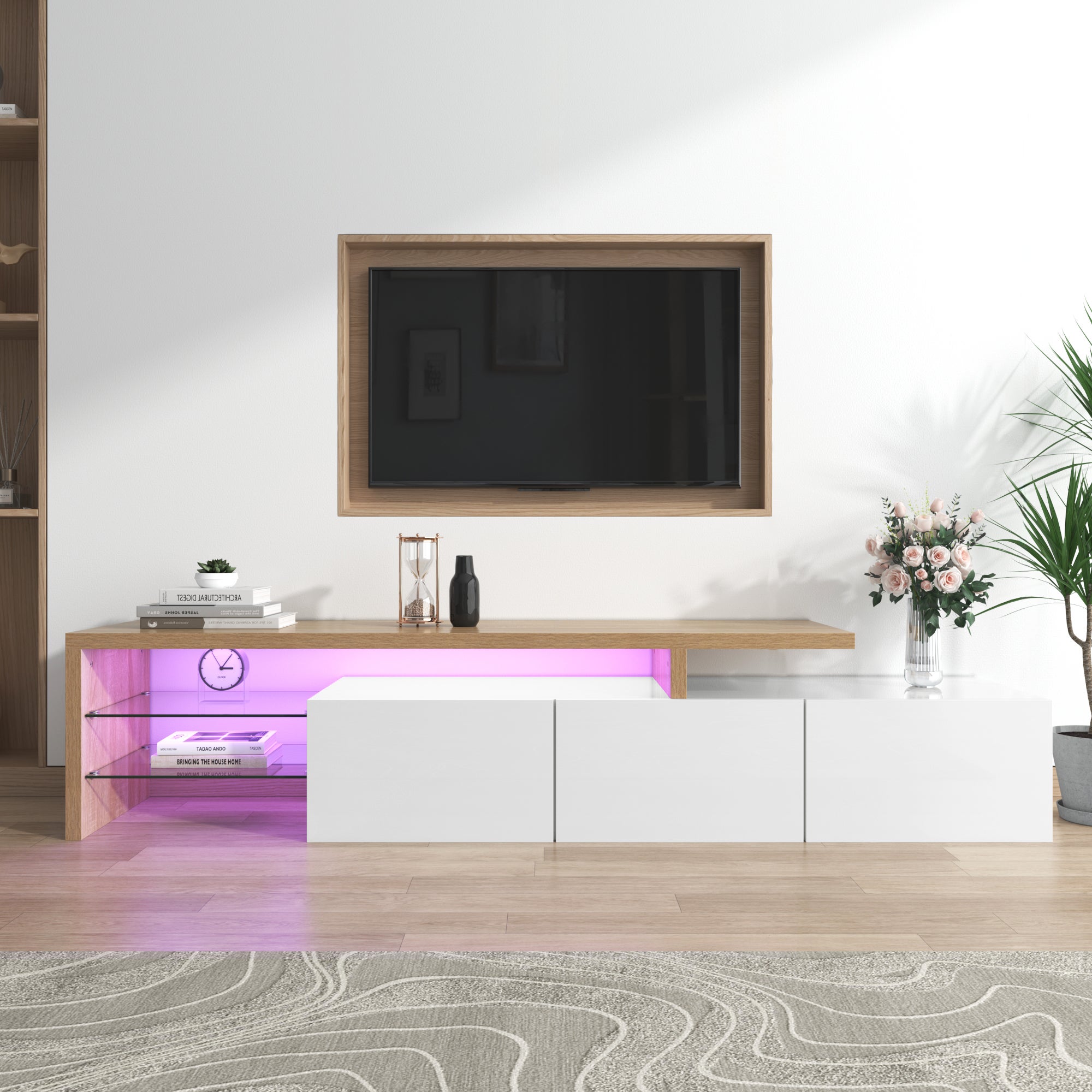 Szafa TV nowoczesna - biały połysk, drewno, szklane półki, LED, 197,5x39x42 cm, MDF