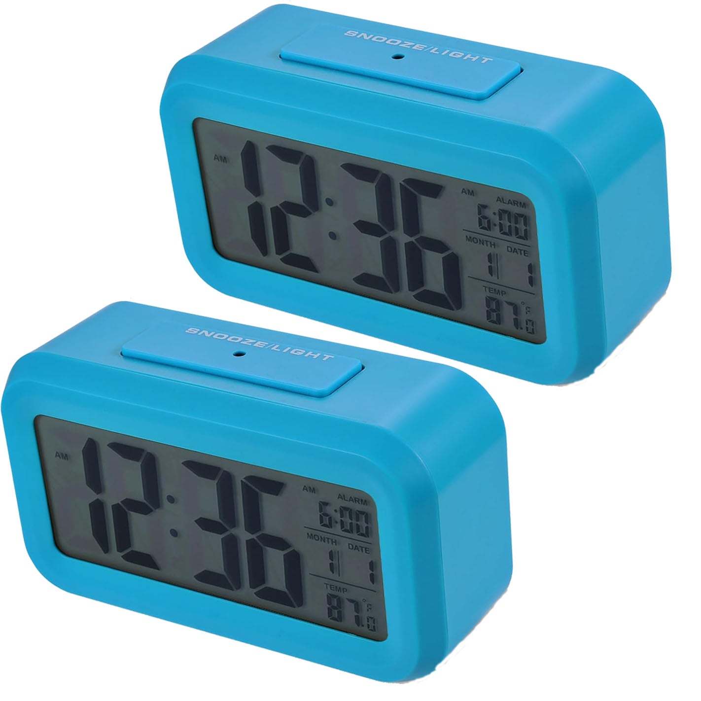 Cyfrowy budzik LED (2 sztuki) ze światłem nocnym, temperaturą, datą, funkcją drzemki, wyświetlaczem LCD, dla studentów i do biur, niebieski
