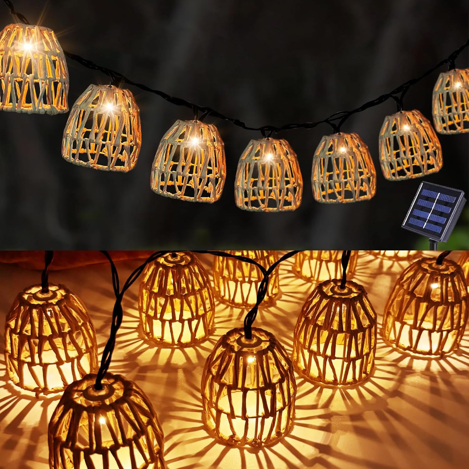 Lampki solarne, lampki solarne, 10 solarnych kul rattanowych LED, lampki zewnętrzne.