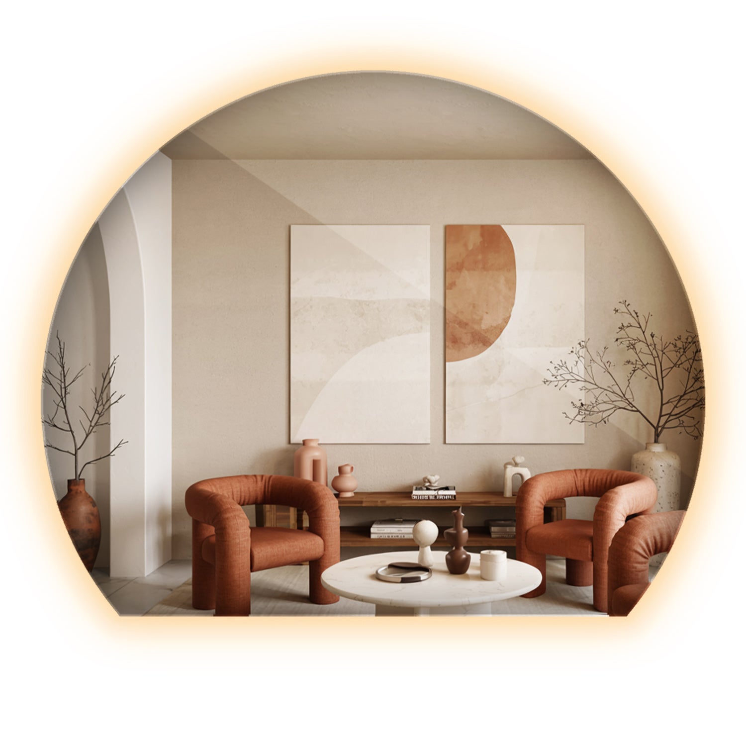 Dekoracyjne lustro o formie ściętego okręgu z ciepłym oświetleniem LED 70x80 cm, ArtPrintCave