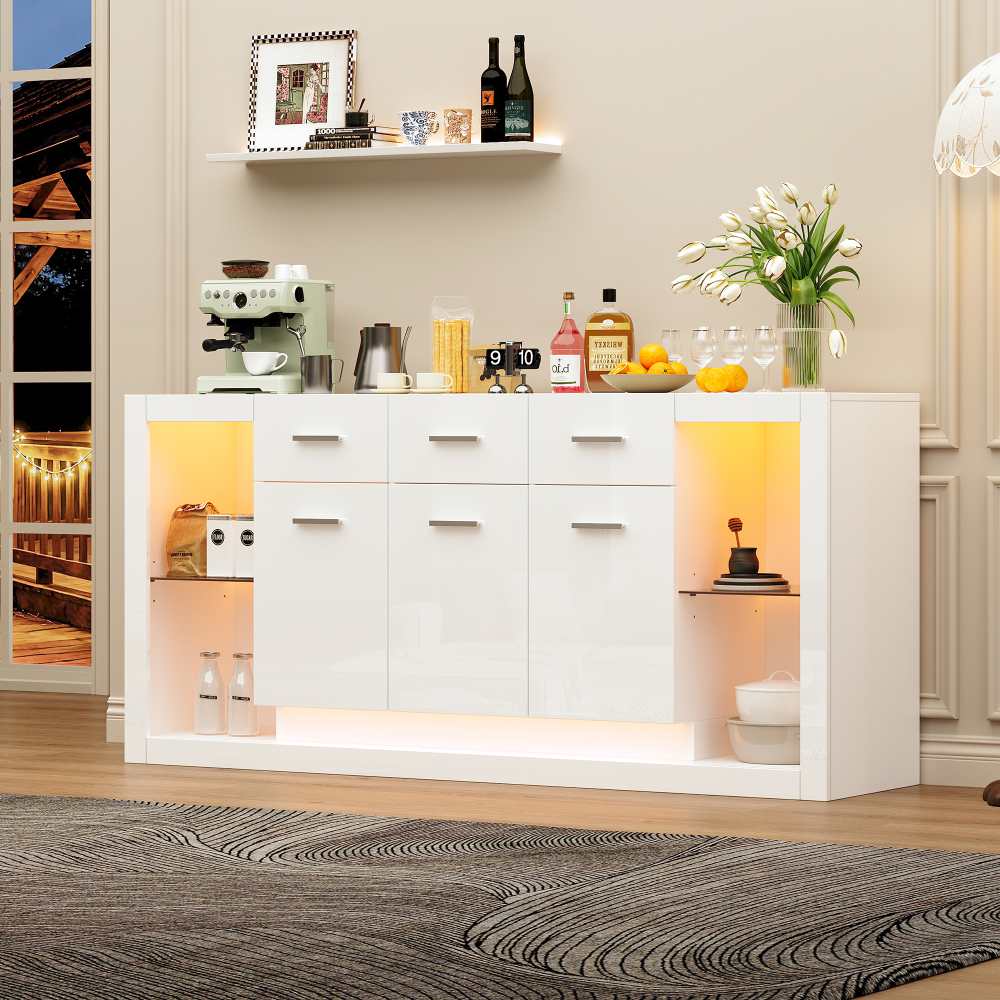 Komoda 160x40x75 cm z oświetleniem LED, 3 szuflady, lakierowane wykończenie, 14 przegródek, podstawa ze szkła hartowanego, kolor biały.