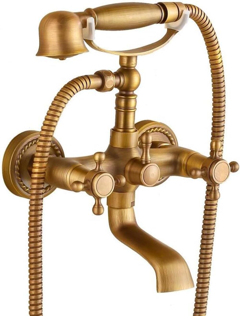 Brązowa bateria ścienna do wanny – retro mosiężna bateria dwuuchwytowa z prysznicem ręcznym i wężem