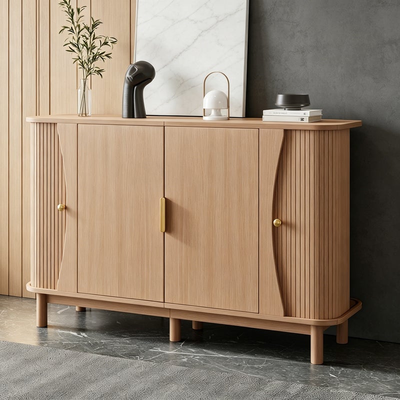 Komoda z MDF w kolorze naturalnego drewna 140 x 40 x 88 cm, 3 komory, regulowana półka i zaokrąglone krawędzie do salonu i jadalni