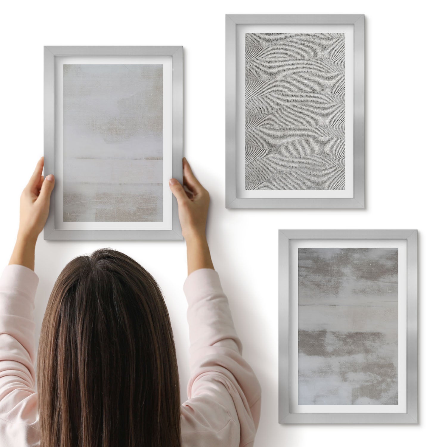 Galeria ścienna 3-częściowy komplet obrazów w srebrnych ramach - Nowoczesne struktury tekstury w minimalistycznym stylu - ArtPrintCave