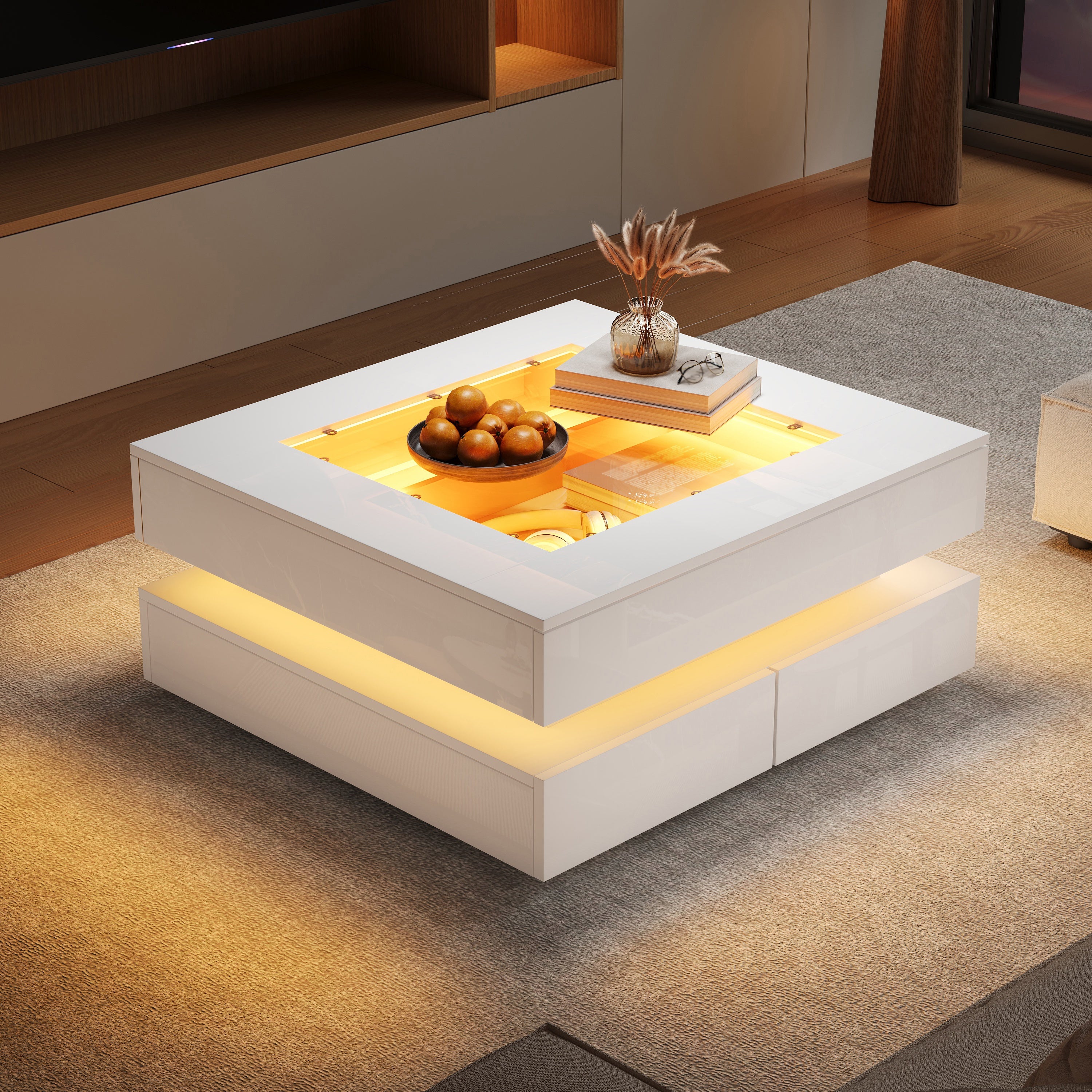 Stolik kawowy 70x70x35 cm - Z oświetleniem LED - 3 szuflady - Szklany blat - Lakier na wysoki połysk - Biały