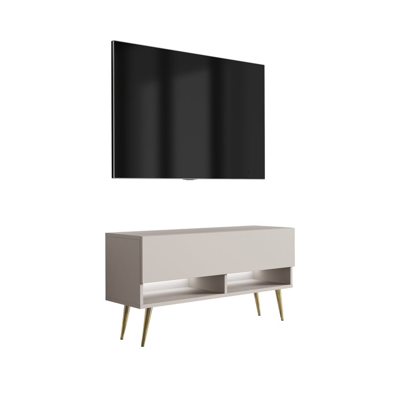 Szafka pod telewizor 100 cm Kaszmir, nóżki pochyłe złote, LED biały, 100 × 32 × 52 cm