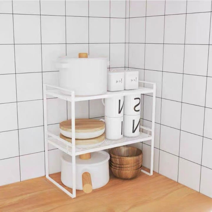Mała dwupoziomowa półka kuchenna - solidna i trwała - efektywne przechowywanie - wykonana ze stali węglowej - biała - 32x21x36,8 cm