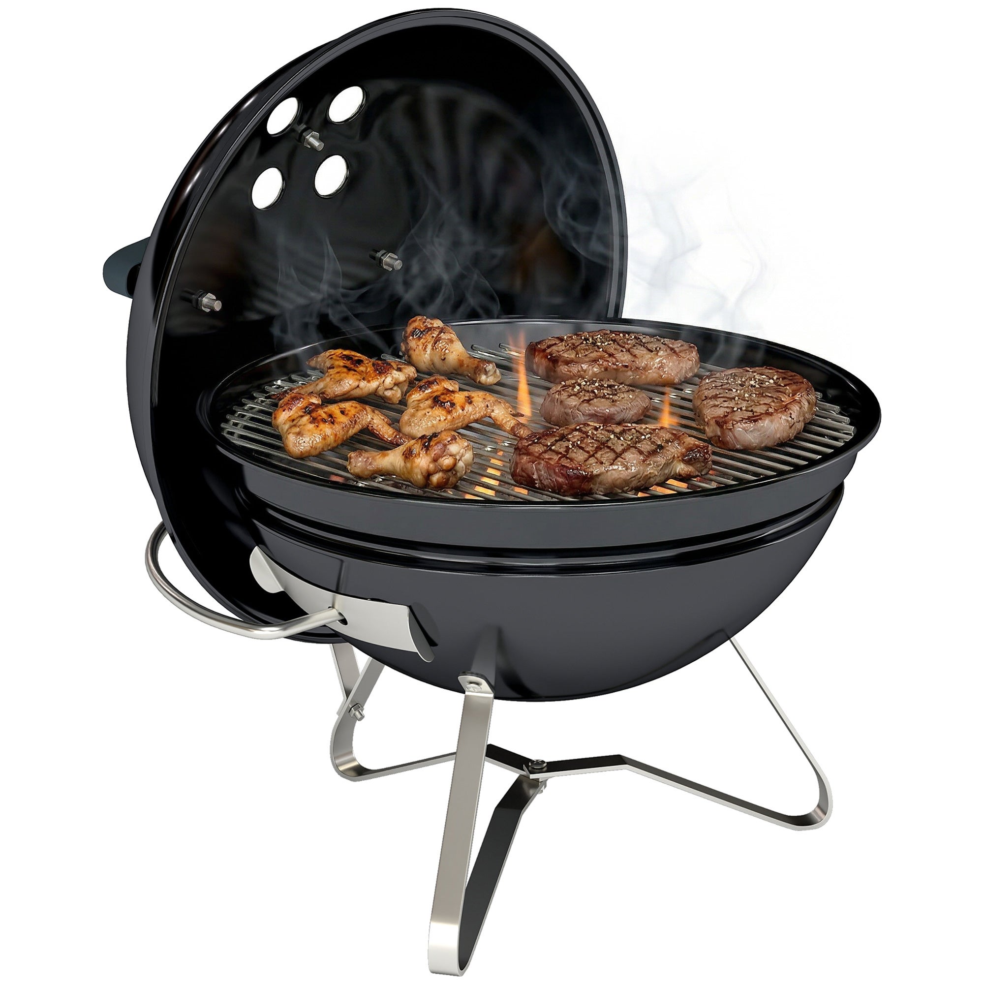 Przenośny grill węglowy okrągły Grill węglowy z pokrywa, stojak, ruszt, regulowany wentylacja Ø41x44 cm czarny